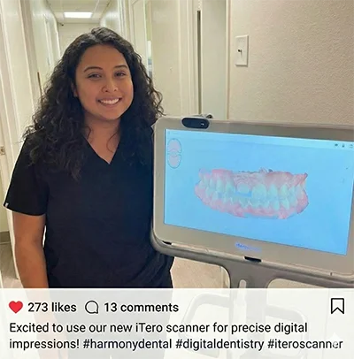 Friendly Harmony Dental Care team member smiling next to our advanced iTero 3D digital scanner, used for comfortable, goop-free impressions