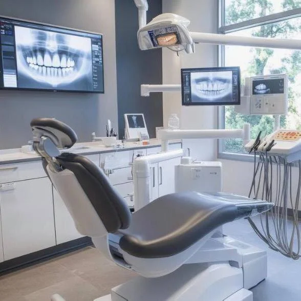 The pristine, welcoming, and high-tech interior of the Harmony Dental Care office, designed for optimal patient comfort